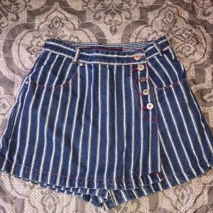 Striped denim skort / skirt with red stitching